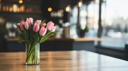 Poster - Fresh pink tulips in a clear glass vase sit on a wooden table in a cozy cafe. Natural light filters through the windows, creating a warm ambiance perfect for a relaxing spring holiday.