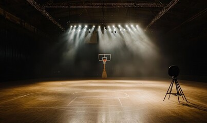 Poster - In an empty arena, a basketball hoop stands out under the glow of floodlights, set against a dark, moody background with soft lighting that creates a sense of depth of field, all in shades of dark