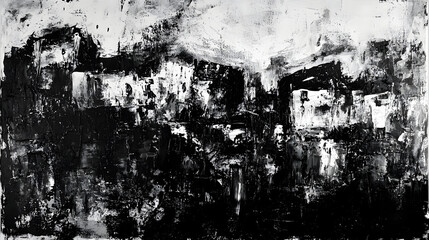 Aufkleber - Captivating Monochromatic Abstract Cityscape Artwork with Expressive Brushstrokes and Dramatic Ink Splatters