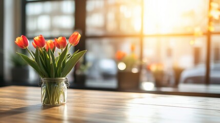 Poster - A vibrant bouquet of tulips sits in a glass jar on a wooden table. Soft sunlight streams through large windows, creating a warm atmosphere that highlights the tulips' hues.