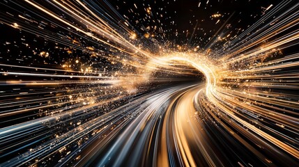 Poster - Light trails are visible on a black background with an abstract zoom blur effect