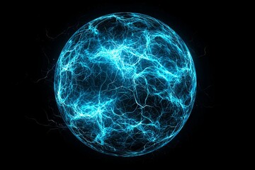 Poster - On a black background, a luminous blue energy sphere is radiating light outward from its central point