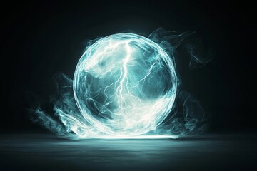 Poster - A sphere of vibrant blue energy is positioned on a black background, shining brightly from the middle