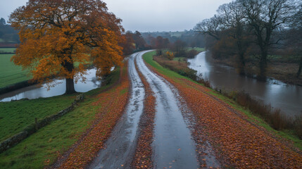 Aufkleber - A tranquil autumn scene featuring a winding road lined with fallen leaves, alongside a river, under a cloudy sky