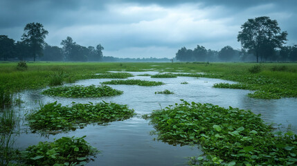Poster - A serene landscape featuring a misty river winding through lush greenery under a cloudy sky, conveying tranquility and natural beauty