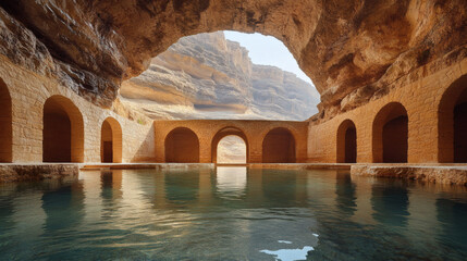 Aufkleber - A serene underground pool surrounded by stone arches and natural rock formations, reflecting tranquil waters and soft light