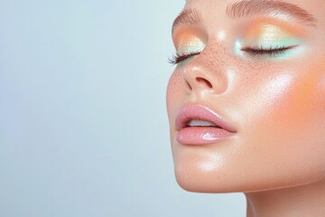 Poster - close-up of model face with vibrant spring makeup capturing fresh pastel eyeshadows and dewy cheek h
