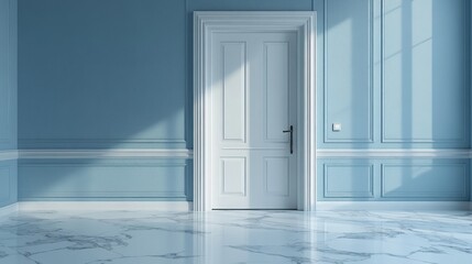 Poster - An open door reveals a pathway to the unknown, bathed in gentle sunlight. The serene blue walls and polished marble floor create a calm atmosphere, inviting curiosity and contemplation