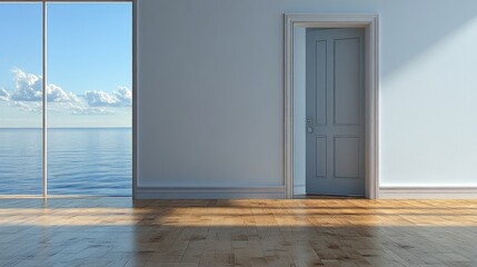 Aufkleber - Sunlight pours into a spacious room with a pristine white interior. An open door invites the breathtaking vista of serene waters and a clear sky, enhancing the peaceful ambiance