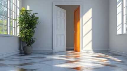 Poster - Sunlight streams through an open door, illuminating a spacious white room. A vibrant potted plant stands quietly in the corner, adding a touch of nature to the serene space