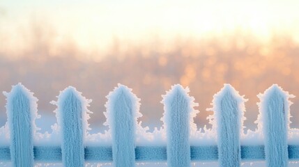 Poster - sparkling frost on wooden fence glinting in soft morning light with blurred background textures