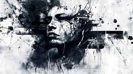 Poster - Captivating Monochrome Digital Painting with Expressive Facial Distortions and Dramatic Brushstrokes  A visually striking abstract artwork that evokes a sense of intensity emotion