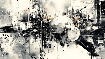 Poster - Captivating Monochrome Digital Abstract of Futuristic Urban Cityscape
