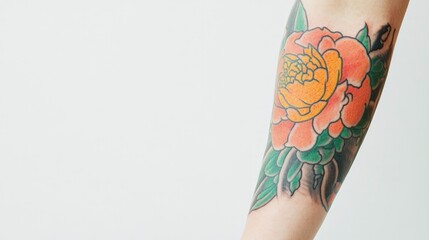 Poster - close-up of vibrant tattooed forearm resting on clean white surface showcasing intricate details