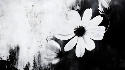 Poster - Captivating monochrome image showcasing the ethereal beauty of delicate flower petals blooming in a peaceful serene environment  The minimalist textured background enhances the graceful