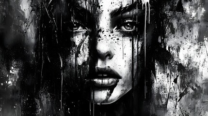 Leinwandbilder - Captivating Monochrome Portrait of a Mysterious Woman with Emotive Expressions and a Haunting Atmospheric The Dramatic Black and White Tones Textured Splatter Effects