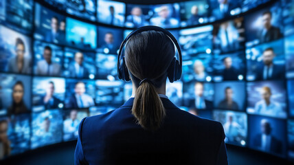 Poster - person wearing headphones is engaged virtual meeting, surrounded by multiple screens displaying diverse participants. setting is high tech and futuristic, emphasizing global connectivity and