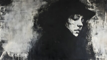 Poster - Captivating Monochrome Portrait of Expressive Woman with Dramatic Lighting