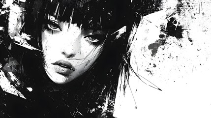 Fototapete - Captivating Monochrome Portrait with Ink Splash Effect   Moody and Dramatic Female Face with Textures and Grunge Elements