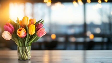 Poster - A vibrant bouquet of multicolored tulips sits in a clear vase on a wooden table.