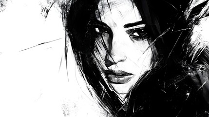 Leinwandbilder - Captivating Moody Portrait of a Pensive and Enigmatic Female Face in High Contrast Monochrome  Dramatic intense and emotionally charged image showcasing the beauty mystery