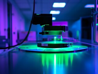 Poster - A close-up view of advanced laboratory equipment showcasing colorful laser light patterns. The setup emphasizes precision and innovation in scientific research and technology.