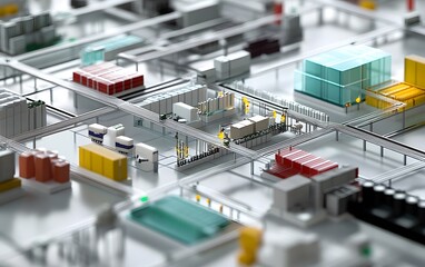 Poster - A detailed aerial view of a modern industrial complex, showcasing containers, production lines, and an organized layout. Perfect for themes related to manufacturing and logistics.