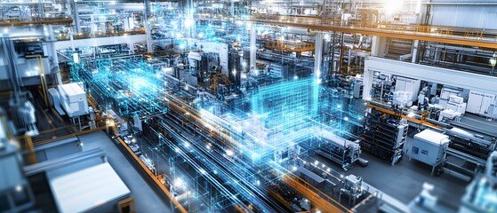 Poster - a dynamic industrial environment showcasing advanced technology in a factory setting. machinery, glo