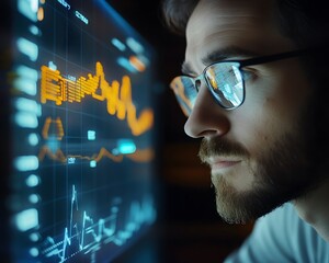 Poster - A focused individual analyzing digital data on a futuristic display. This stock image captures the essence of modern research and analytics in a corporate setting.