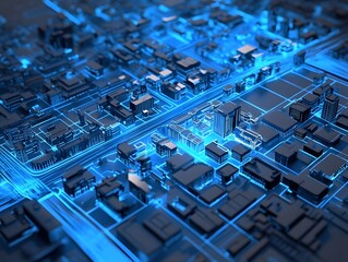 Poster - A futuristic cityscape illuminated in blue light, showcasing intricate details of buildings and urban layout, symbolizing innovation and advanced technology in architecture.