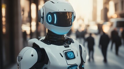 Poster - A futuristic robot stands in an urban setting, showcasing advanced design and technology