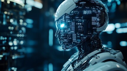 Poster - A futuristic robot head adorned with intricate circuitry and glowing eyes, representing advanced artificial intelligence and technology