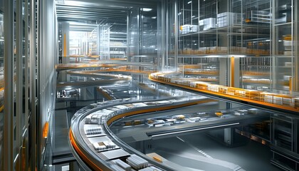 Poster - A futuristic warehouse interior showcasing advanced automation with conveyor belts and organized storage