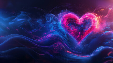 Poster - vibrant, glowing heart floats amidst swirling blue and pink energy waves, creating dynamic and ethereal atmosphere. vivid colors and fluid motion evoke sense of passion and mystique