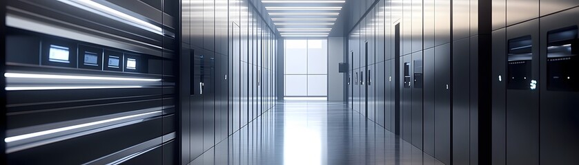 Poster - A modern data center featuring sleek, metallic panels and organized server racks. The bright, illuminated corridor highlights the state-of-the-art technology and infrastructure.