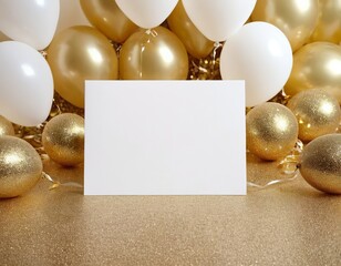 Wall Mural - A festive arrangement of white and gold balloons with a blank card for personalization.