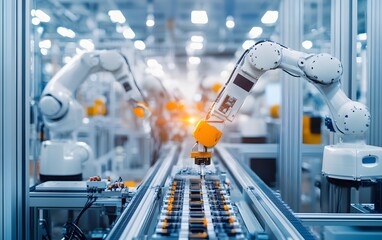 Poster - A modern manufacturing facility showcasing advanced robotic arms efficiently assembling products on a high-speed conveyor belt, illustrating the future of automation in industry.