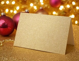 Wall Mural - Elegant blank gold card with a glittery finish, surrounded by festive ornaments against a sparkling backdrop.