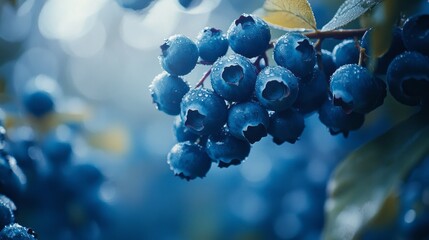 Poster - Ripe blueberries hang in clusters, droplets of dew catching the morning light. Surrounded by vibrant green leaves, they invite a closer look in a peaceful garden environment