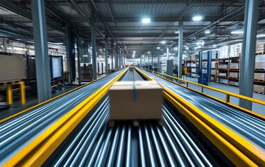 Poster - A well-organized warehouse with a conveyor belt system transporting packages efficiently