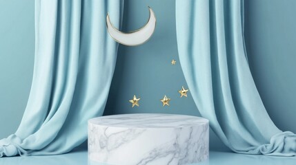 Poster - This serene setting features a smooth white marble podium placed in front of gentle blue curtains, adorned with a delicate crescent moon and shining stars, creating a tranquil and inspiring ambiance