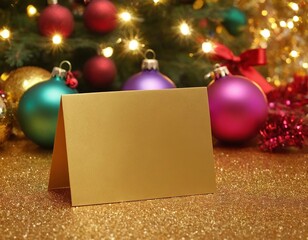 Blank gold greeting card in front of a beautifully decorated Christmas tree.