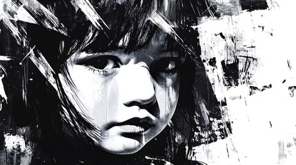 Fototapete - Captivating Weathered Face in Dramatic Black and White Portrait with Bold Brushstrokes Intense Emotion and Moody Atmospheric Aesthetic