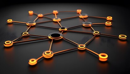 Poster - An abstract representation of a network structure with glowing orange nodes connected by lines, symbolizing digital communication and technology advancements.