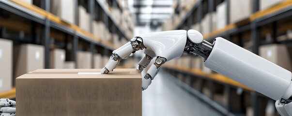 Poster - An advanced robotic arm efficiently handles packages in a modern warehouse, showcasing the power of automation in logistics and supply chain management.