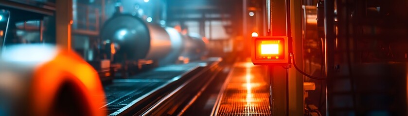 Poster - An industrial setting showcasing advanced machinery with glowing indicators and dynamic lighting, highlighting the intricate details of manufacturing processes in a modern factory.