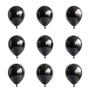 PNG Nine Black Balloons Collection Against Transparent Background for Party Decorations, Event Branding, or Elegant Celebrations.
