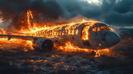 Aufkleber - Catastrophic airplane crash and burning wreckage amidst engulfing flames and thick smoke in an apocalyptic disaster scene  The plane is completely destroyed