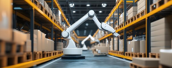 Poster - Modern industrial robotics in a warehouse setting, showcasing automated arms handling packages efficiently, highlighting advancements in technology and productivity in logistics.