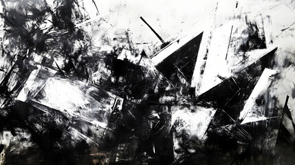 Poster - Chaotic and dynamic abstract monochrome painting with fragmented intersecting geometric shapes and patterns creating a powerful energetic and visually striking composition  This modern